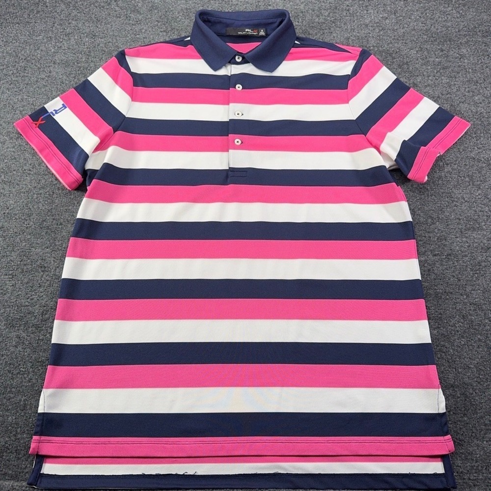 RLX Ralph Lauren Mens Pink Navy Blue Striped Golf Polo Shirt Size M Stretch